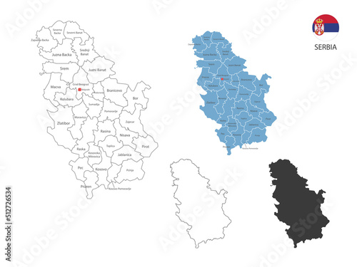 4 style of Serbia map vector illustration have all province and mark the capital city of Serbia. By thin black outline simplicity style and dark shadow style. Isolated on white background.