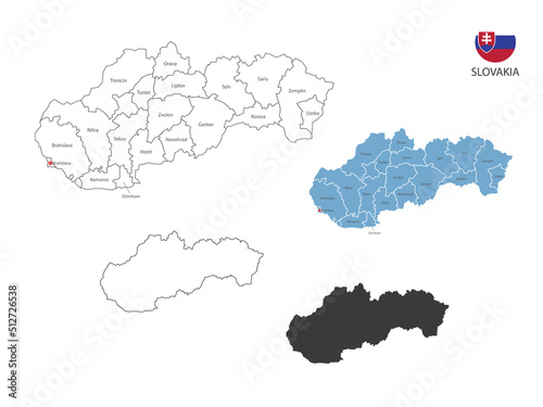 4 style of Slovakia map vector illustration have all province and mark the capital city of Slovakia. By thin black outline simplicity style and dark shadow style. Isolated on white background.