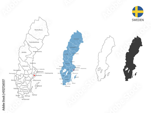4 style of Sweden map vector illustration have all province and mark the capital city of Sweden. By thin black outline simplicity style and dark shadow style. Isolated on white background.