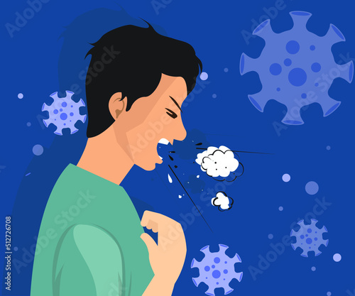 Man sneezing with droplets and airborne, need social distance to break the chain of coronavirus