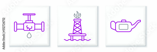 Set line Canister for motor oil, Broken pipe with leaking water and Oil rig fire icon. Vector
