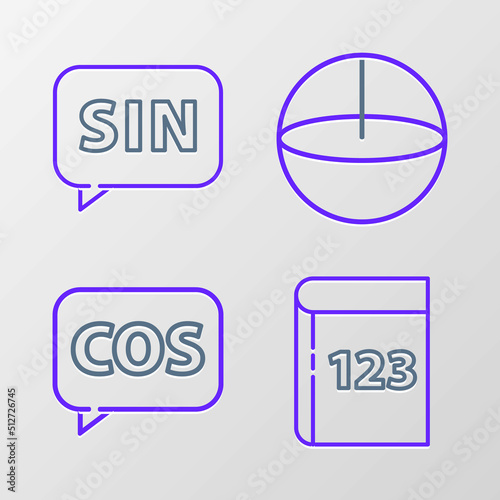 Set line Book with word mathematics, Mathematics function cosine, Geometric figure Sphere and icon. Vector