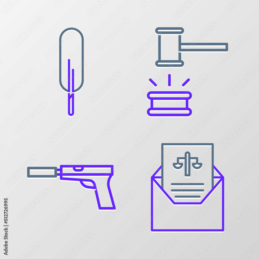 Set line Subpoena, Pistol or gun with silencer, Judge gavel and Feather pen icon. Vector Set line Subpoena, Pistol or gun with silencer, Judge gavel and Feather pen icon. Vector