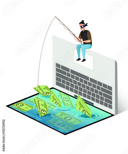 Cyber criminal phishing stealing dollar, vector illustration, cyber crime