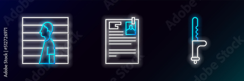Set line Police rubber baton, Suspect criminal and Lawsuit paper icon. Glowing neon. Vector