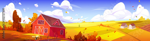 Countryside landscape with farm barn, agriculture field and houses in fall. Vector cartoon illustration of autumn scene, farmland with granary, road, fence and orange trees and bushes