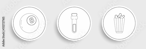 Set line Popcorn in box, Magic ball of predictions and Bottle with love potion icon. Vector