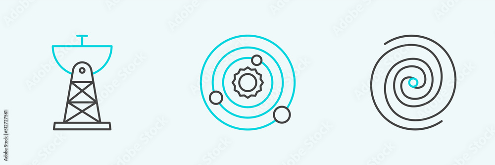 Set line Black hole, Satellite dish and Solar system icon. Vector