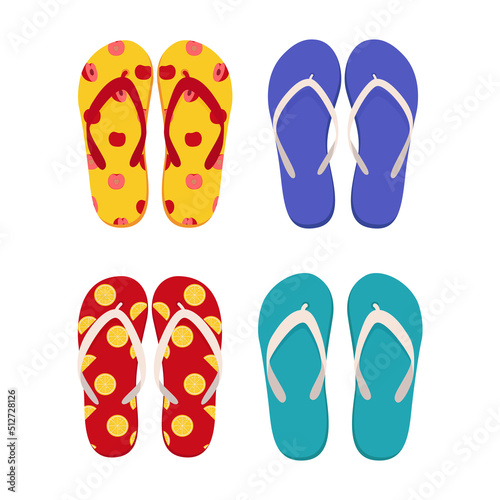 Pair of beach slippers. Collection of fashion flip flops. Flat vector illustration