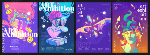 Art exhibition posters with retro acid design illustrations. Vector invitation flyers to museum or gallery with trendy contemporary background with abstract sculpture, crystals and tentacles photo