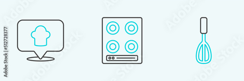 Set line Kitchen whisk, Chef hat with location and Gas stove icon. Vector