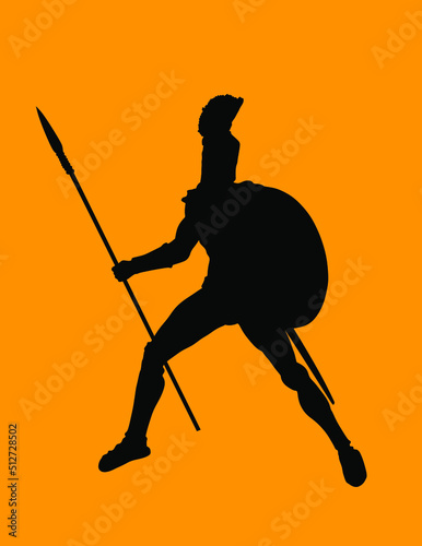 Greek hero ancient soldier Leonidas with spear and shield in battle vector silhouette illustration isolated on background. Roman legionary, brave warrior in combat. Gladiator symbol shadow.