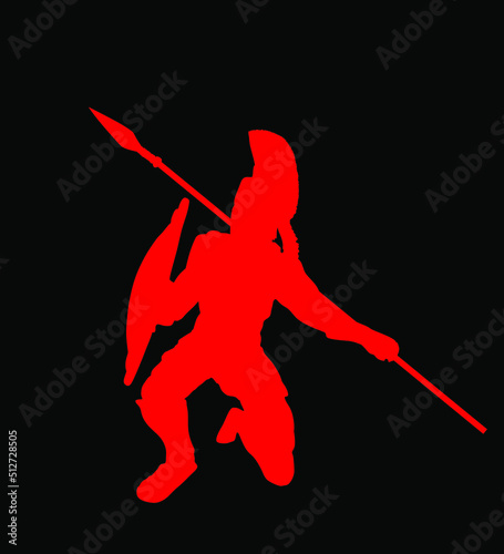 Greek hero ancient soldier Leonidas with spear and shield in battle vector silhouette illustration isolated on background. Roman legionary, brave warrior in combat. Gladiator symbol shadow.