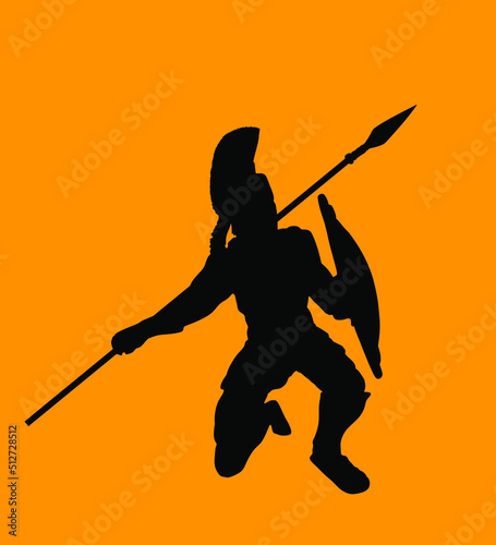 Greek hero ancient soldier Leonidas with spear and shield in battle vector silhouette illustration isolated on background. Roman legionary  brave warrior in combat. Gladiator symbol shadow.