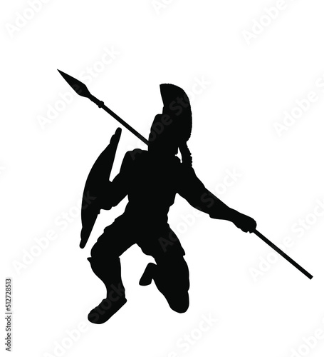 Greek hero ancient soldier Leonidas with spear and shield in battle vector silhouette illustration isolated on white background. Roman legionary, brave warrior in combat. Gladiator symbol shadow.