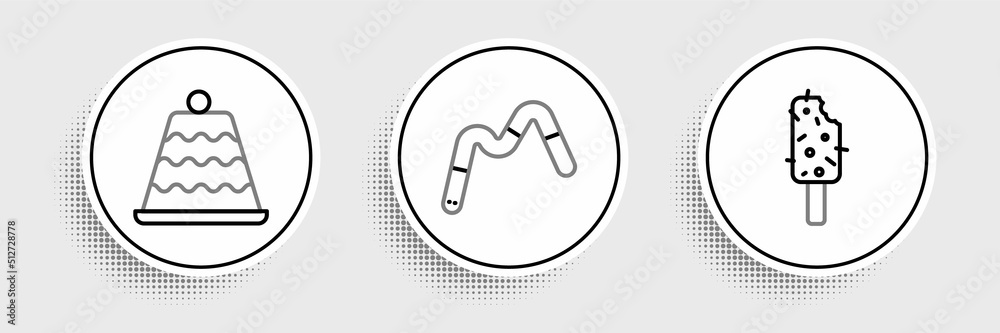 Set line Ice cream, Cake and Jelly worms candy icon. Vector Set line Ice cream, Cake and Jelly worms candy icon. Vector