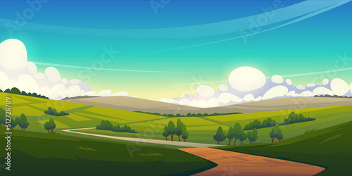 Rural landscape with green agriculture fields, path and trees. Vector cartoon panoramic illustration of summer countryside with pastures, grass and farmland, clouds on horison photo