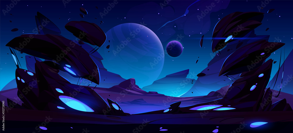 Fantastic night landscape of alien planet with rocks, flying stones and glowing blue spots. Vector cartoon fantasy illustration of cosmos and dark planet surface, panorama for space game background - obrazy, fototapety, plakaty 