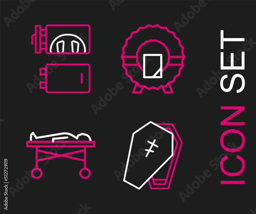 Set line Coffin with cross, Dead body the morgue, Memorial wreath and Crematorium icon. Vector