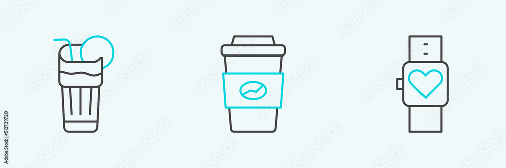 Set line Smart watch, Fresh smoothie and Coffee cup to go icon. Vector Set line Smart watch, Fresh smoothie and Coffee cup to go icon. Vector