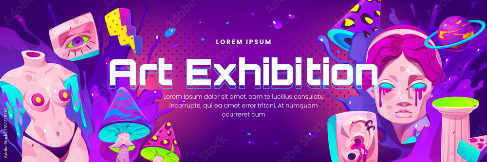 Vecteur Stock Psychedelic art exhibition banner with trendy acid design of  greek sculpture. Vector cartoon crazy poster with girl statue and planet,  eyes and mushrooms, background with paint splashes | Adobe Stock