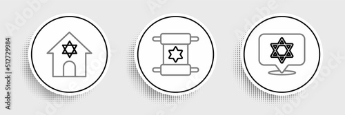 Set line Star of David, Jewish synagogue and Torah scroll icon. Vector