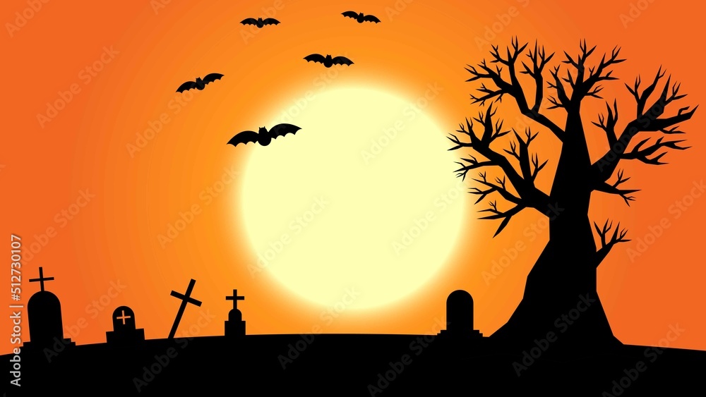 Halloween background with tombstone and tree, bats, moon. Halloween card banner.