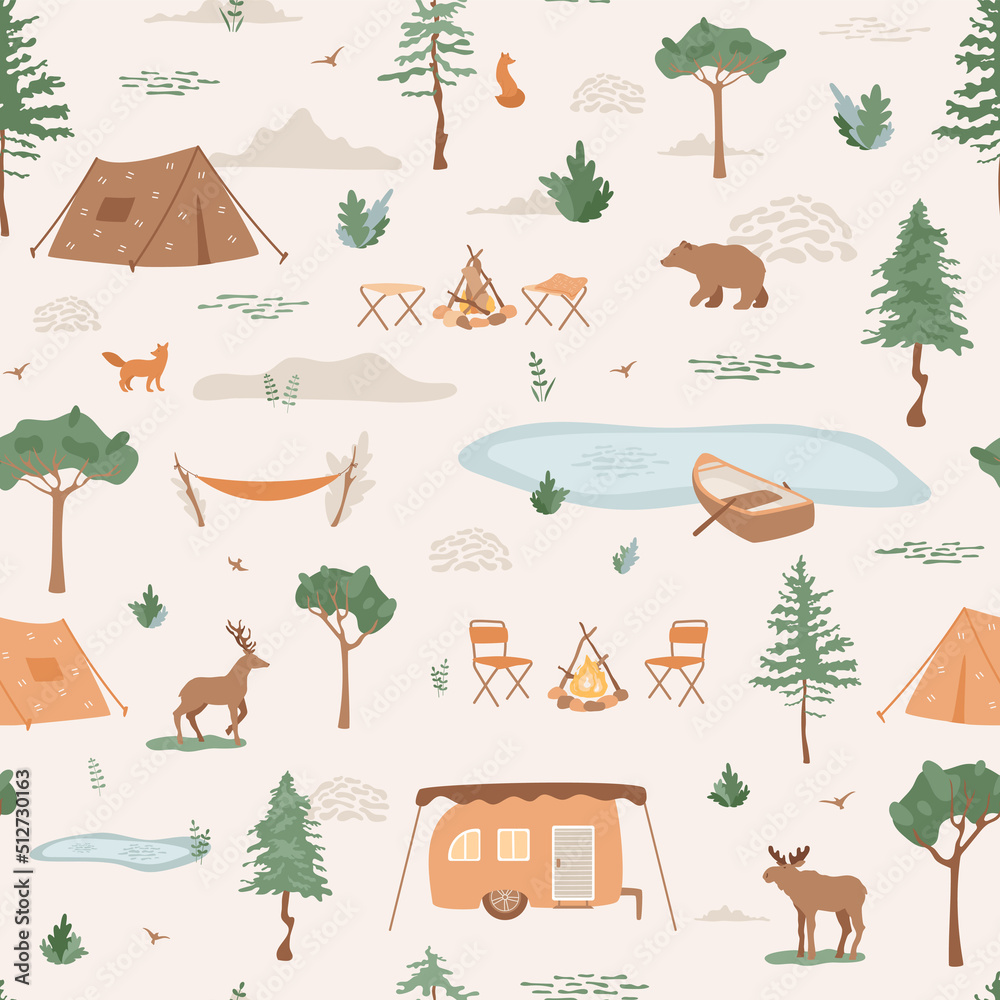 Outdoor weekend, camping, traveling concept, vacation in forest, illustration with tents, van camper. Vector seamless pattern for tourism design. Wildlife animals moose, bear, deer, fox. Nature scene.