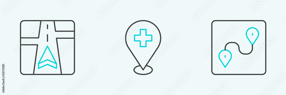 Set line Route location, Gps device with map and Medical cross icon. Vector