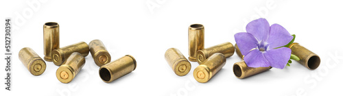 Set of bullet shells and beautiful flower on white background. Banner design photo