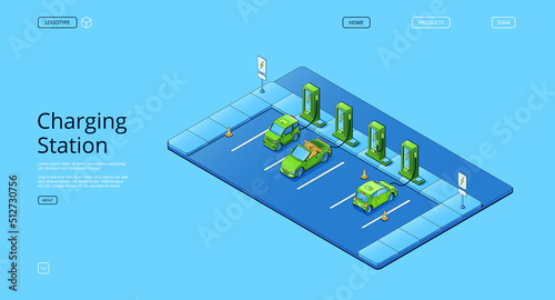 Banner of charging station for electric cars. Vector landing page with isometric illustration of electro vehicles, auto with energy battery on parking with ev chargers