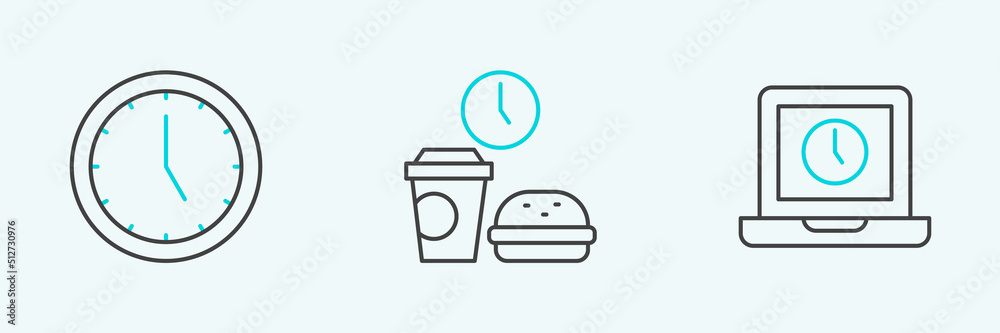 Set line Laptop time, Clock and Fast food icon. Vector Set line Laptop time, Clock and Fast food icon. Vector