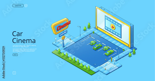 Car cinema banner with isometric illustration of auto on parking with big screen. Vector poster of drive-in movie theater, open air cinema with automobiles and billboard