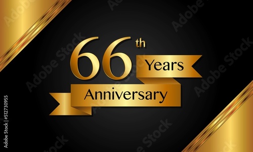 66th anniversary logo with golden ribbon for booklets, leaflets, magazines, brochure posters, banners, web, invitations or greeting cards. Vector illustrations.