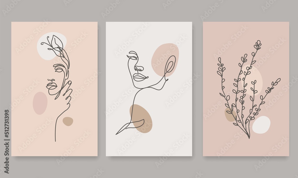 Leaves Branch and Woman Faces Vector Hand Drawn Line Art Drawing Set ...