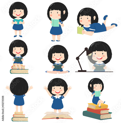 Kid Girl Reading Books child character set