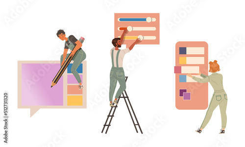 Interior designers or decorators planning design of interior choosing wall color set vector illustration