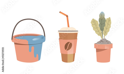 Bucket with blue paint, disposable coffee cup and houseplant set vector illustration