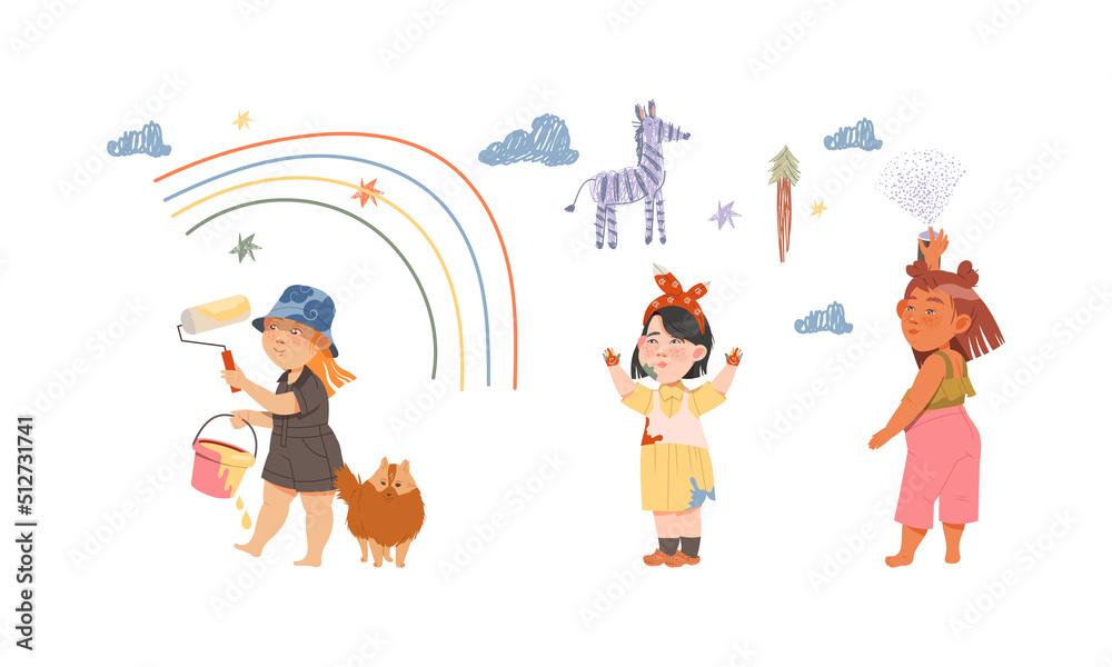 Cute kids painting on wall. Preschool girls using paint roller and crayons cartoon vector illustration