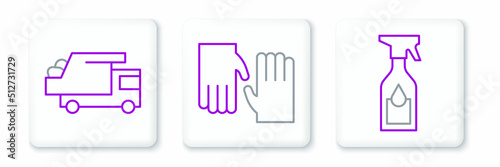 Set line Cleaning spray bottle, Garbage truck and Rubber gloves icon. Vector