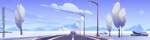 Winter highway, straight empty road disappear at mountain landscape. Way with snowy fields and street lamps by sides. Scenic path perspective view, panoramic background, Cartoon vector illustration