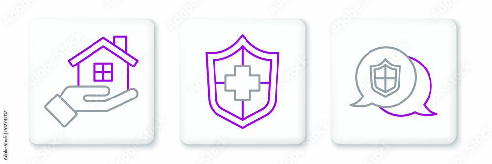 Set line Location shield, House in hand and Life insurance with icon. Vector Set line Location shield, House in hand and Life insurance with icon. Vector