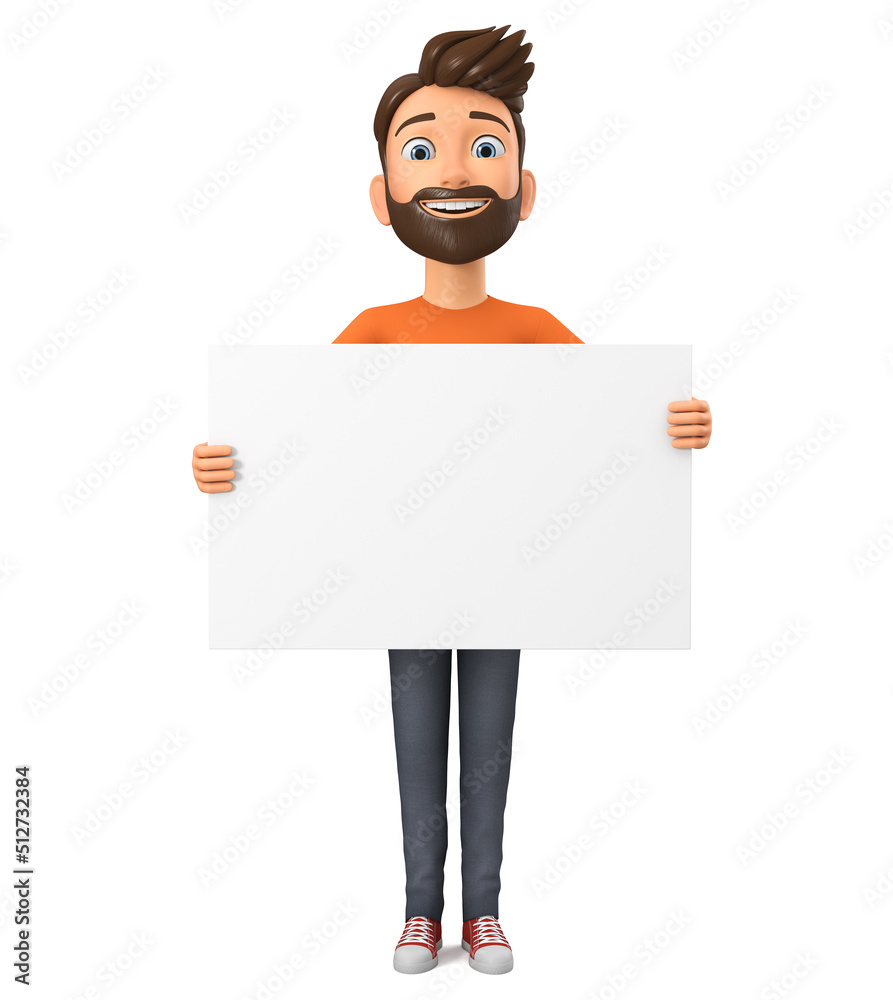 Cartoon character guy in orange t-shirt holding a blank board. 3d render illustration. Cartoon character guy in orange t-shirt holding a blank board. 3d render illustration.
