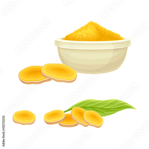 Ginger root products set. Pieces and powder of aromatic herbal plant vector illustration