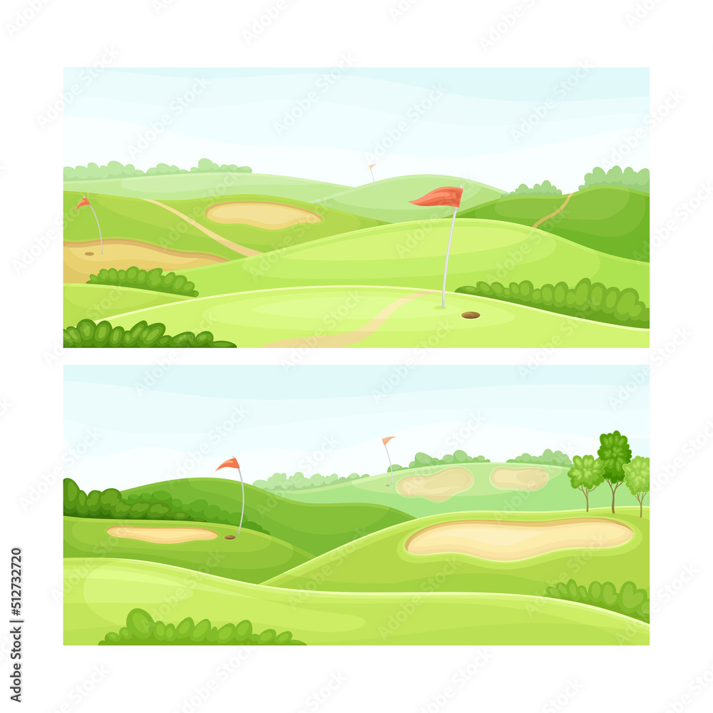 Golf course with green field, sand bunker and red flags at sunny day vector illustration