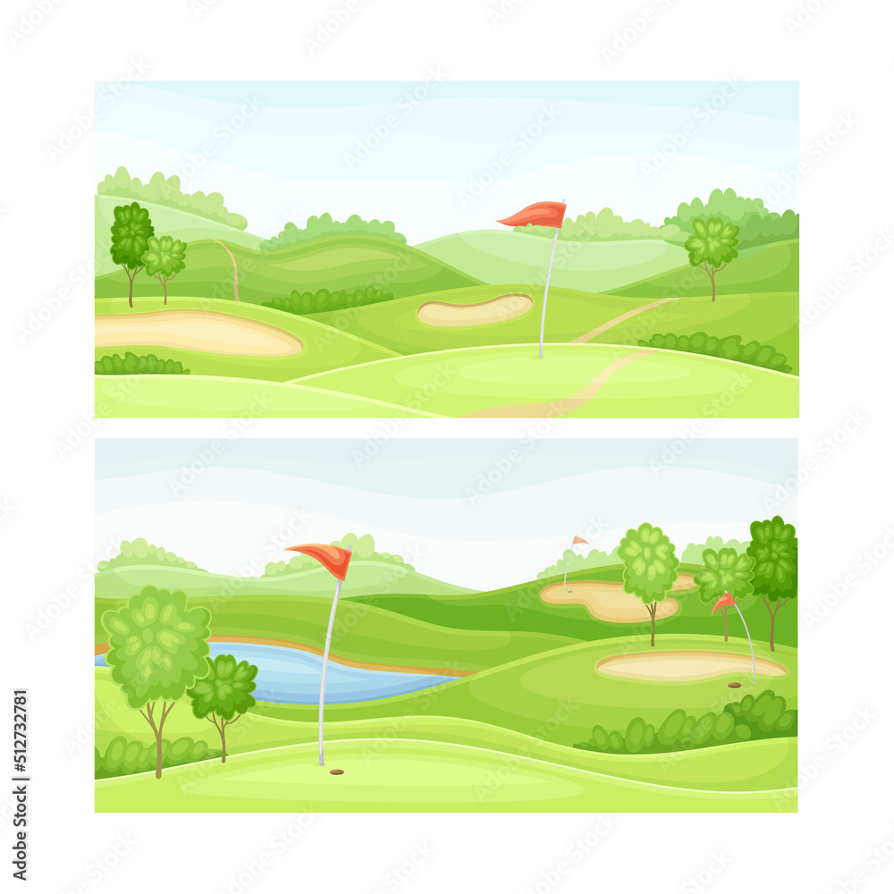 Golf course set. Green field, pond, sand bunker and red flags vector illustration Golf course set. Green field, pond, sand bunker and red flags vector illustration