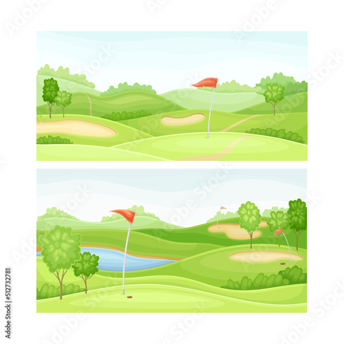 Golf course set. Green field, pond, sand bunker and red flags vector illustration