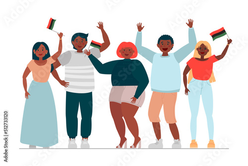 Black diverse people celebrate Juneteenth National Independence Day. Parade with flags. Flat modern vector illustration.