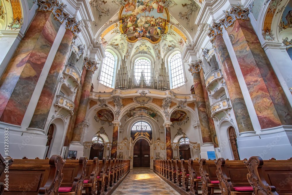 OTTOBEUREN, BAVARIA, GERMANY, JUNE 08, 2022: Interior of the Basilica of the Benedictine Abbey