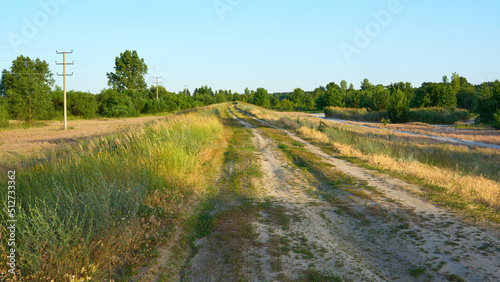 Dirt road among the meadow in the countryside at sunset.
